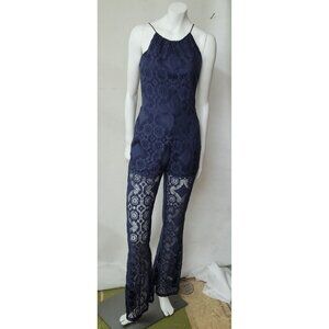 Sugar+L!ps Jumpsuit Womens S Blue Lace Halter‎ Sheer Flare Leg Pantsuit Lined